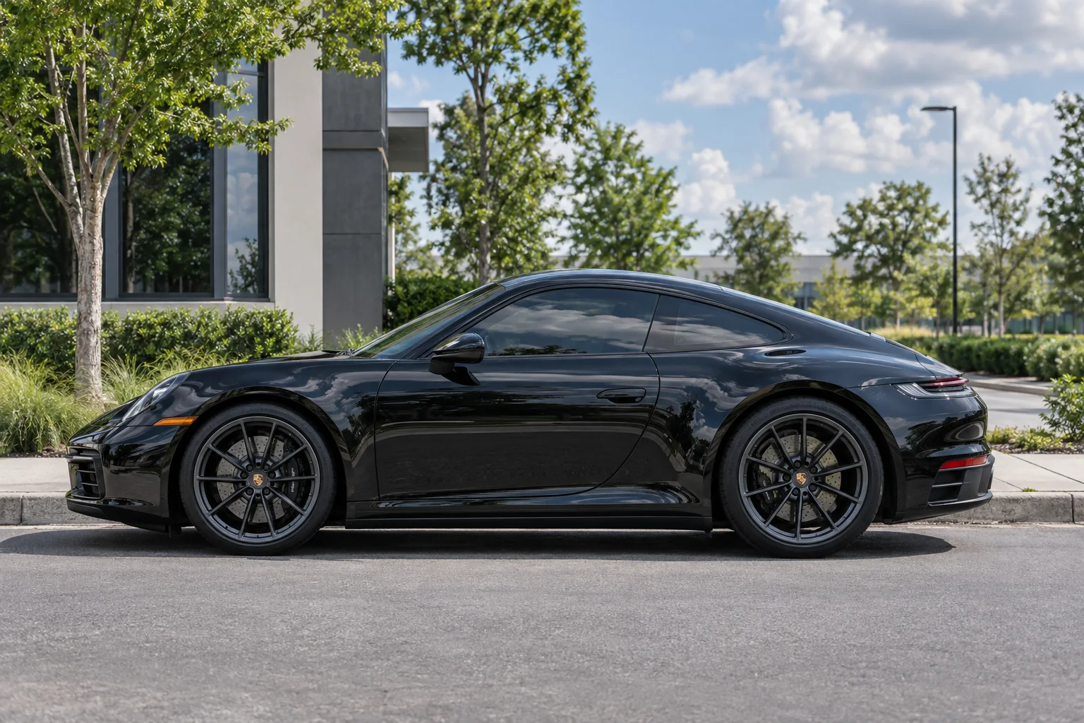 Gloss black Porsche 911 Carrera with tinted windows