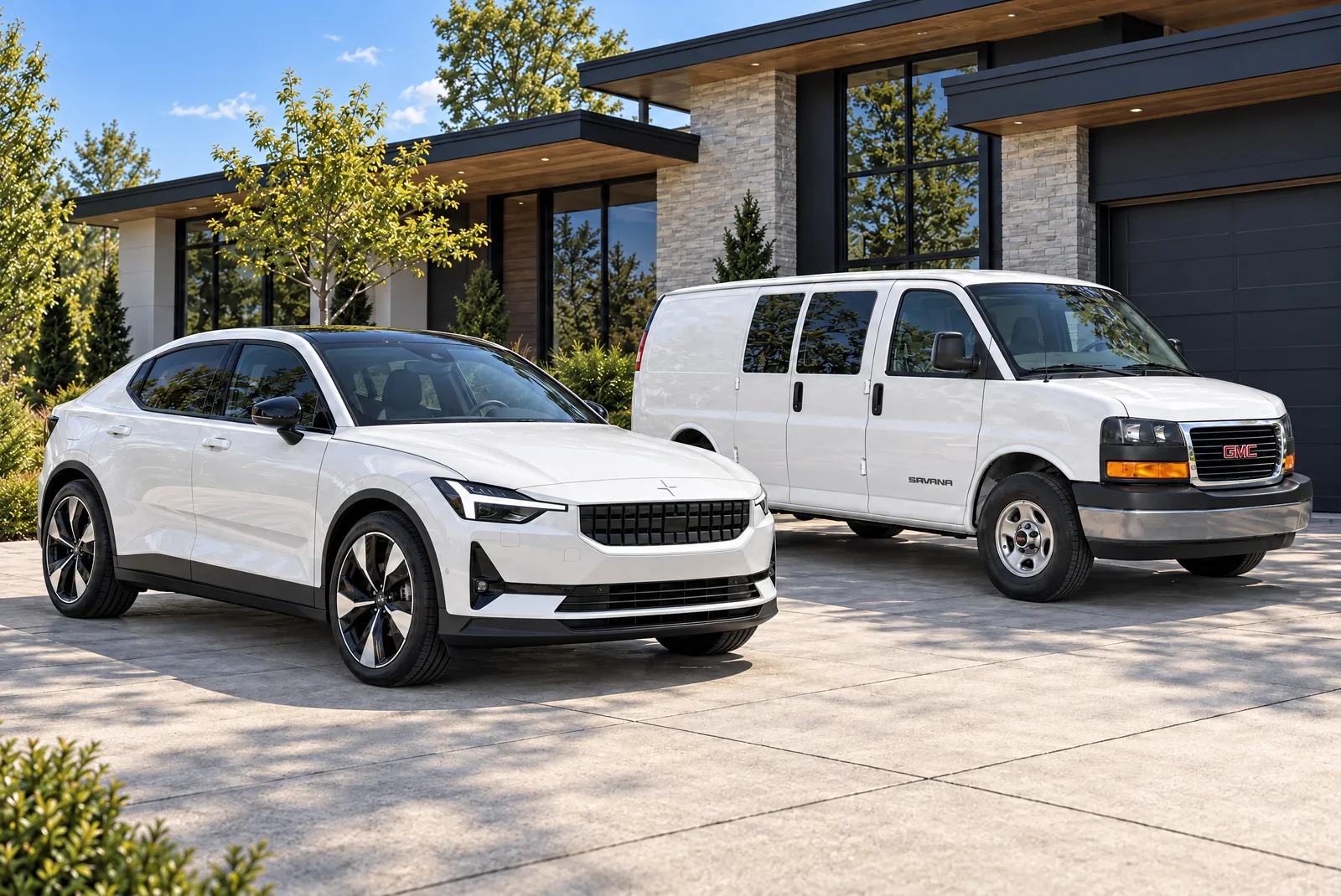 A pearl-white Polestar 2 with tinted windows and the Tint Society van on a customer’s driveway