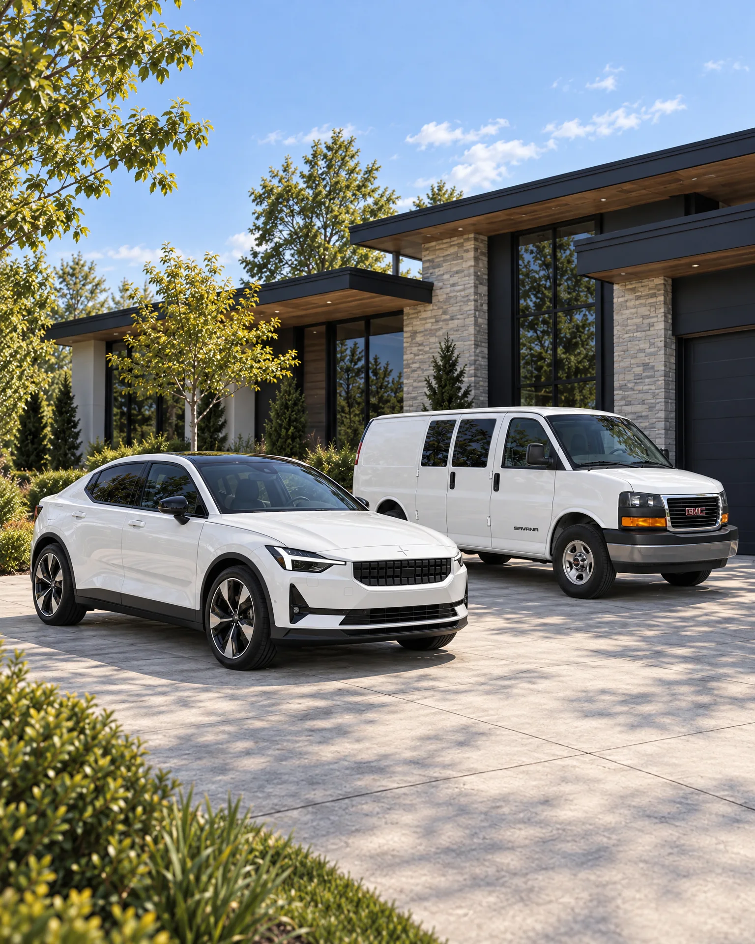 A pearl-white Polestar 2 with tinted windows and the Tint Society van on a customer’s driveway