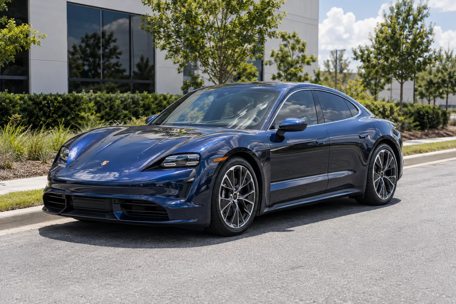 Deep navy blue metallic Porsche Taycan with tinted windows
