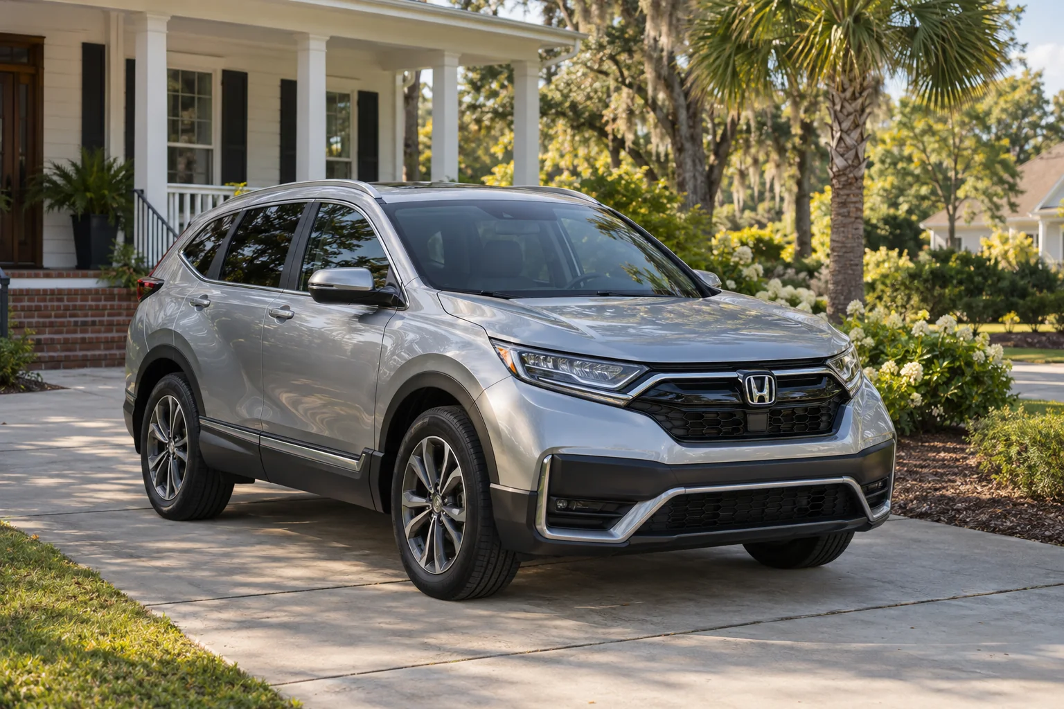 A silver Honda CR-V with freshly tinted windows on a home’s driveway