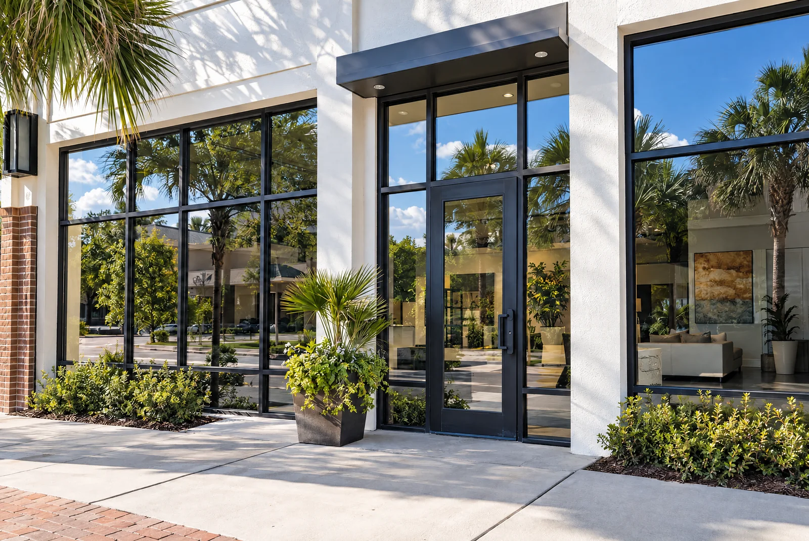 A storefront’s clean glass windows and entrance door on a sunny street