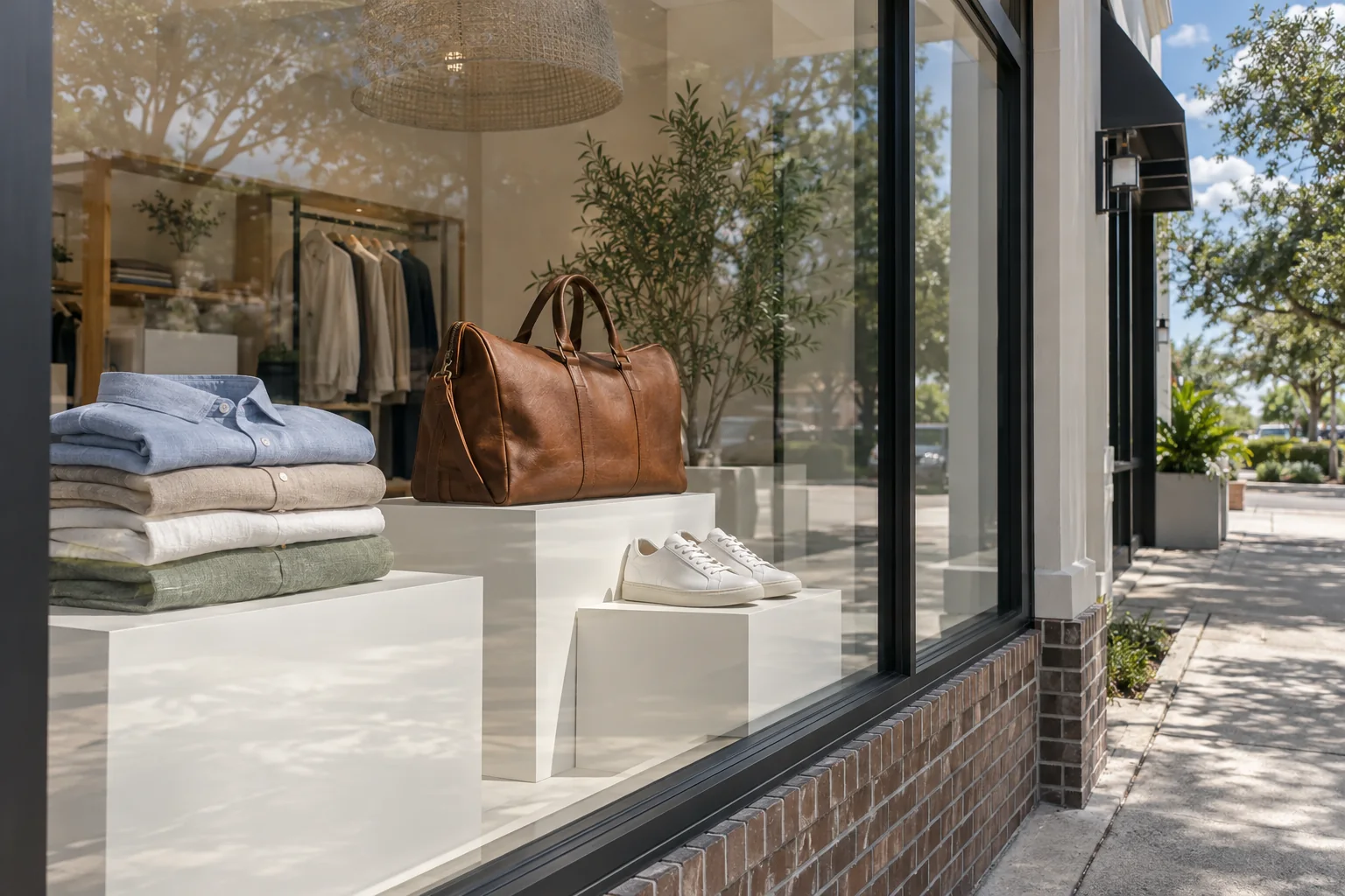 A boutique window display of shirts, a bag and shoes behind clear glass