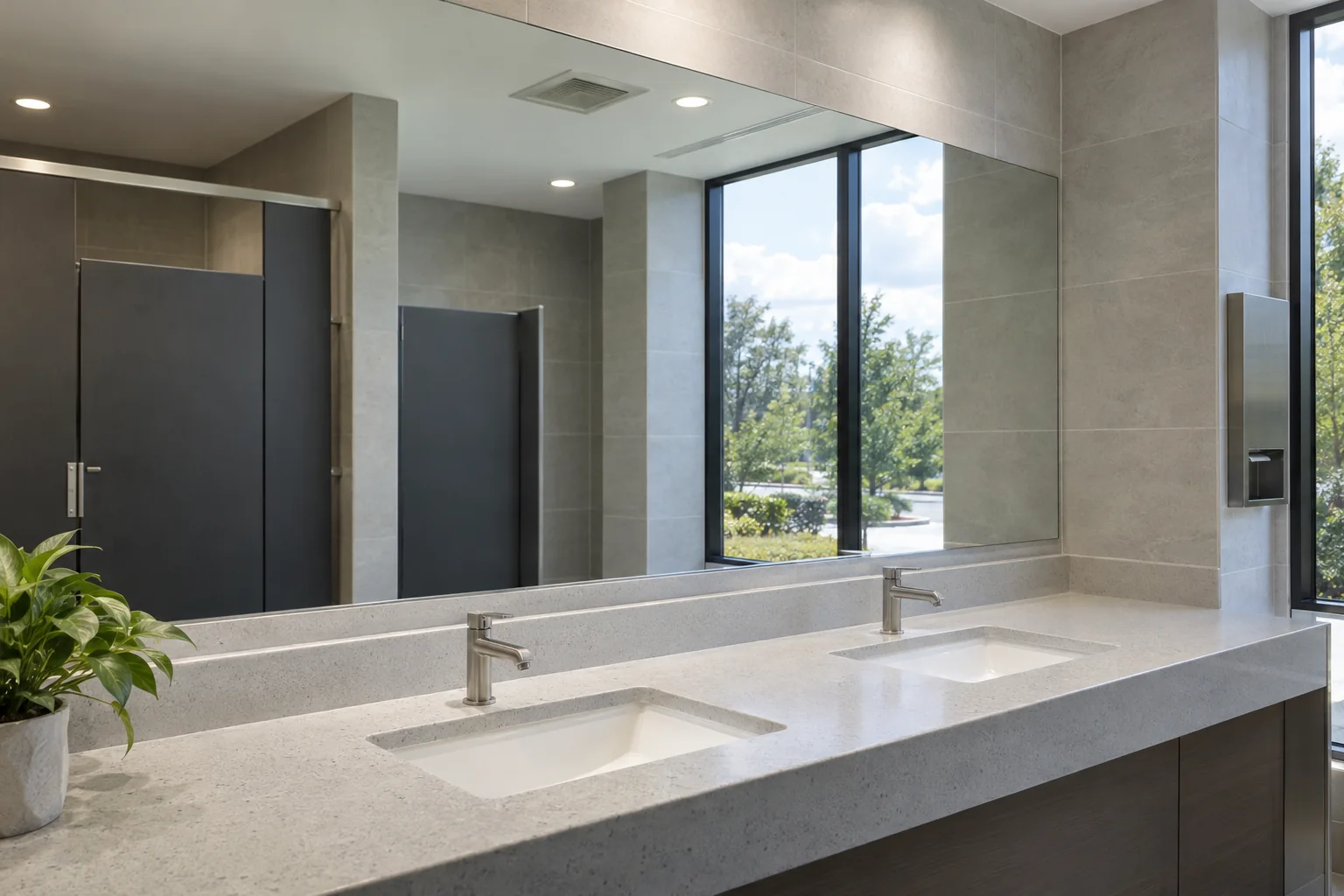 A long, clean restroom mirror in an office building