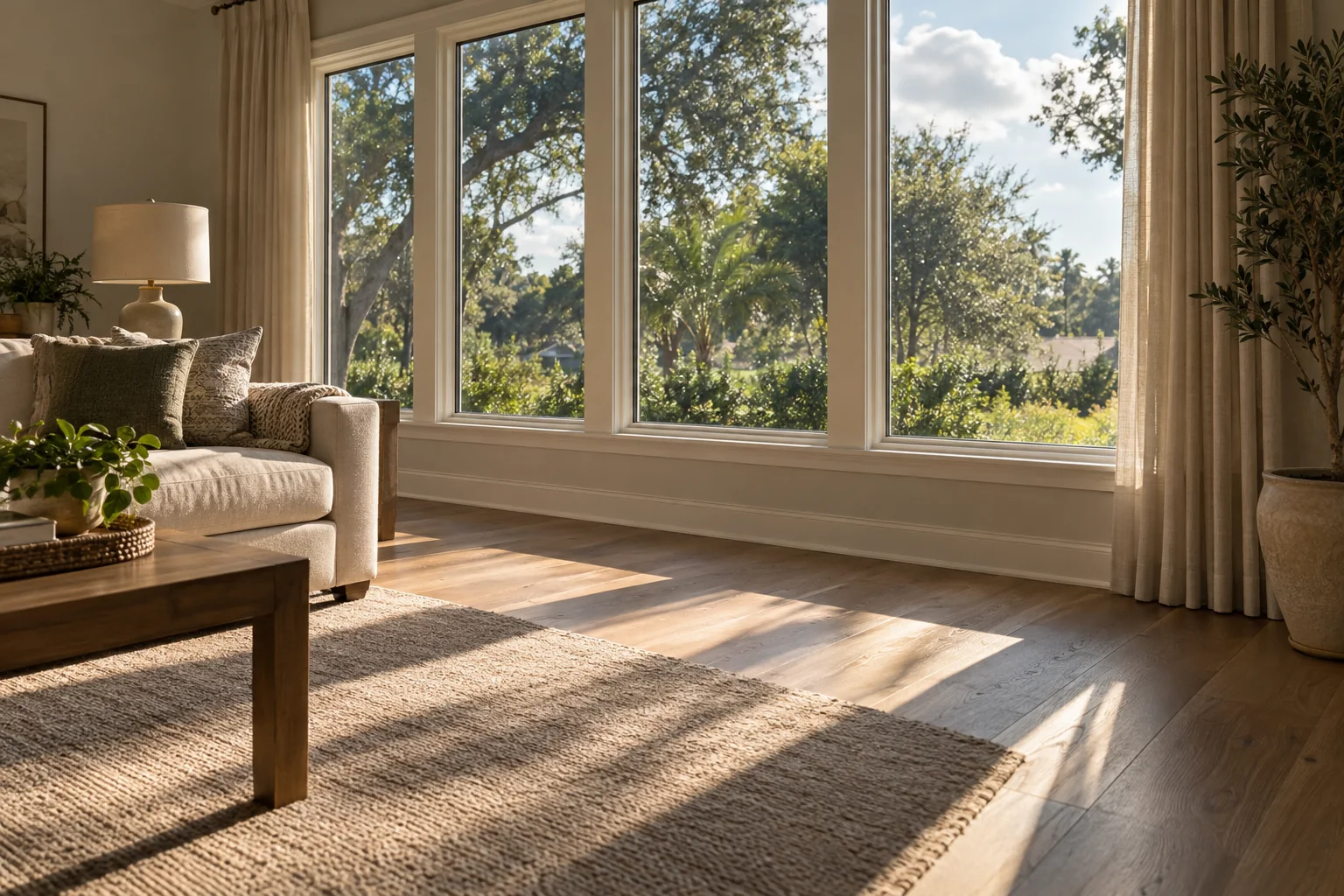 Late-afternoon sun across a living room’s wood floor and rug