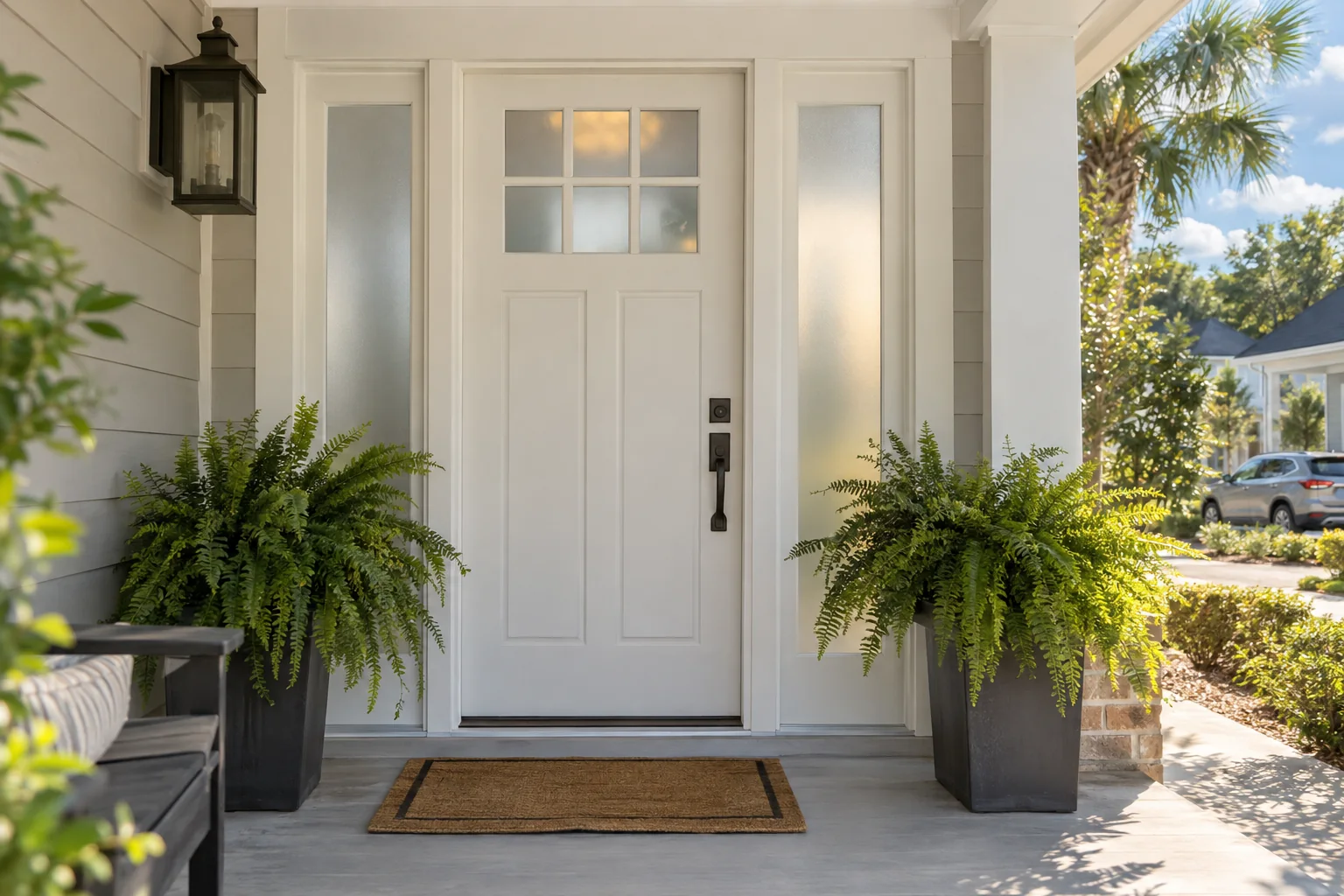 A front door with frosted privacy film on its sidelight glass