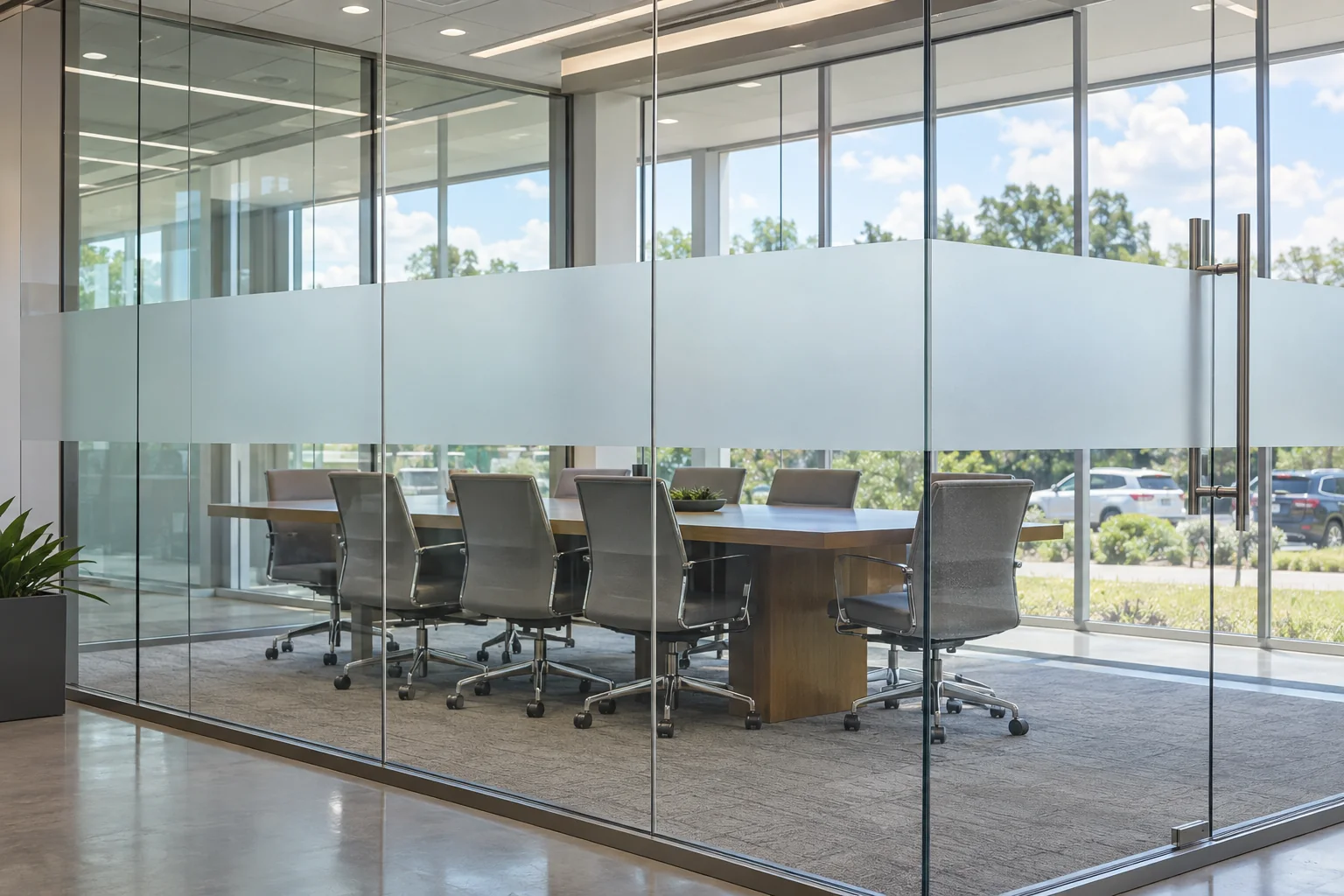A glass meeting room with a band of frosted privacy film