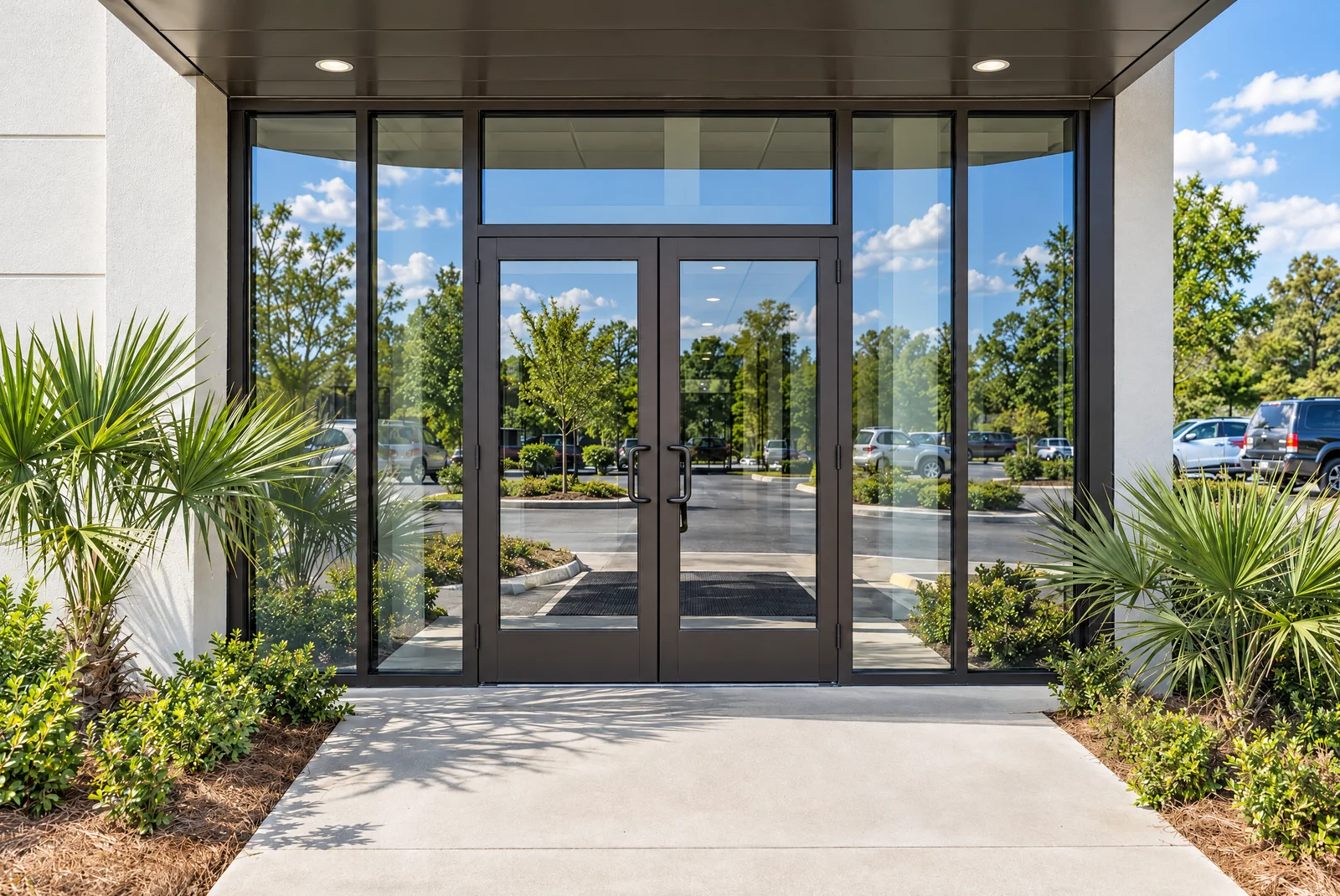 The glass front entrance of an office, its doors and side panels fitted with clear safety film