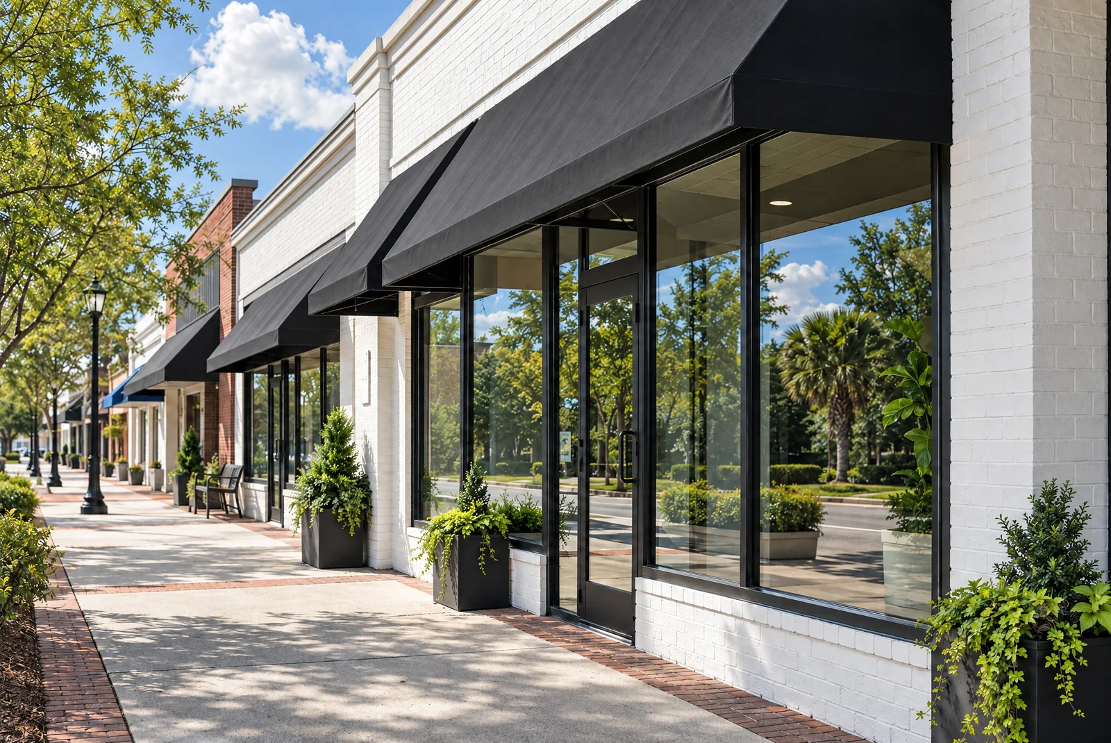 A row of shopfronts with clean glass windows and doors on a sunny street