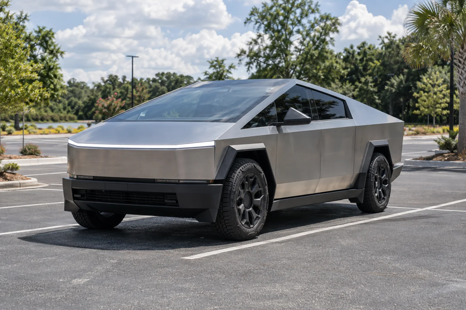 Brushed stainless steel Tesla Cybertruck with tinted windows