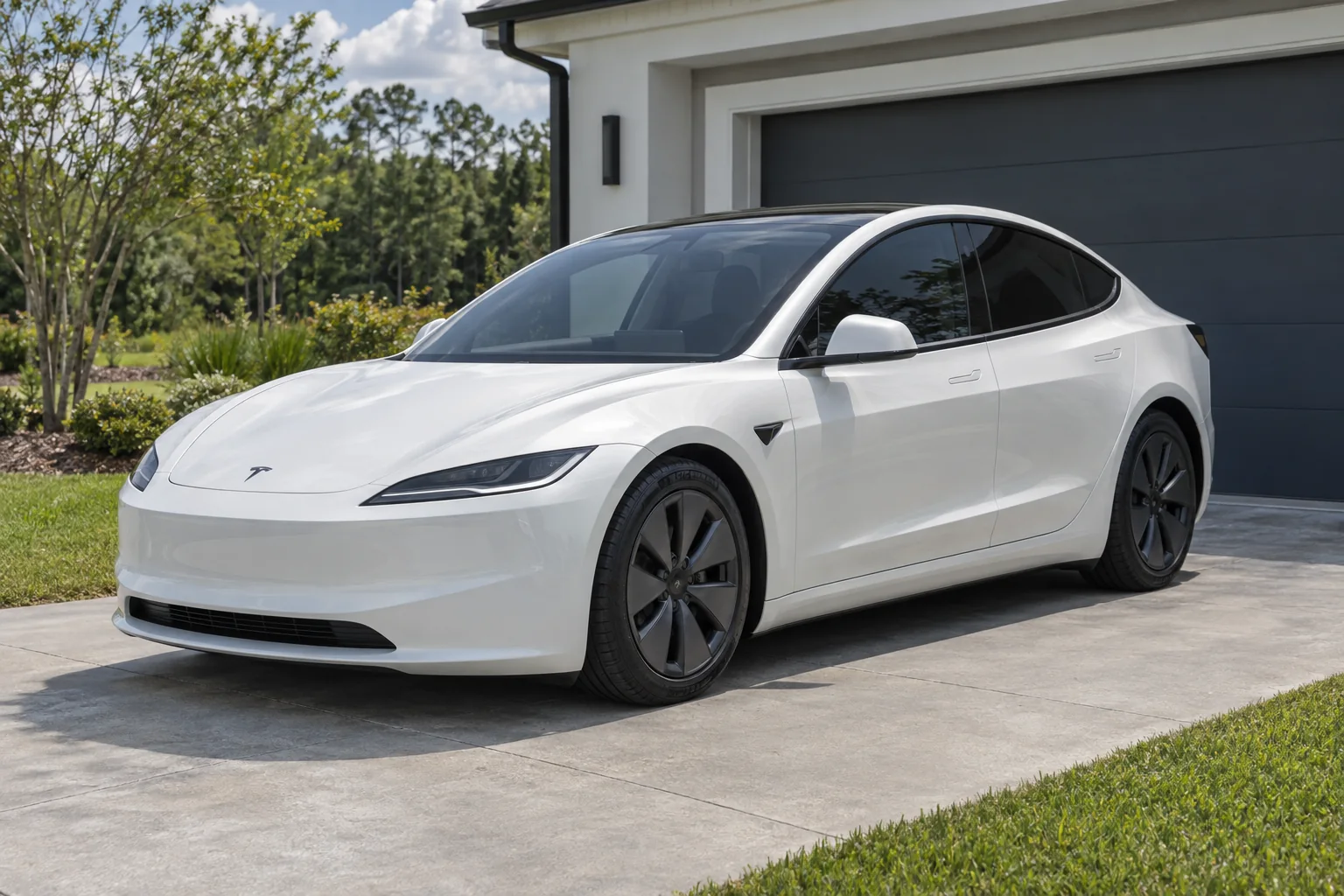 Pearl white Tesla Model 3 Highland with tinted windows