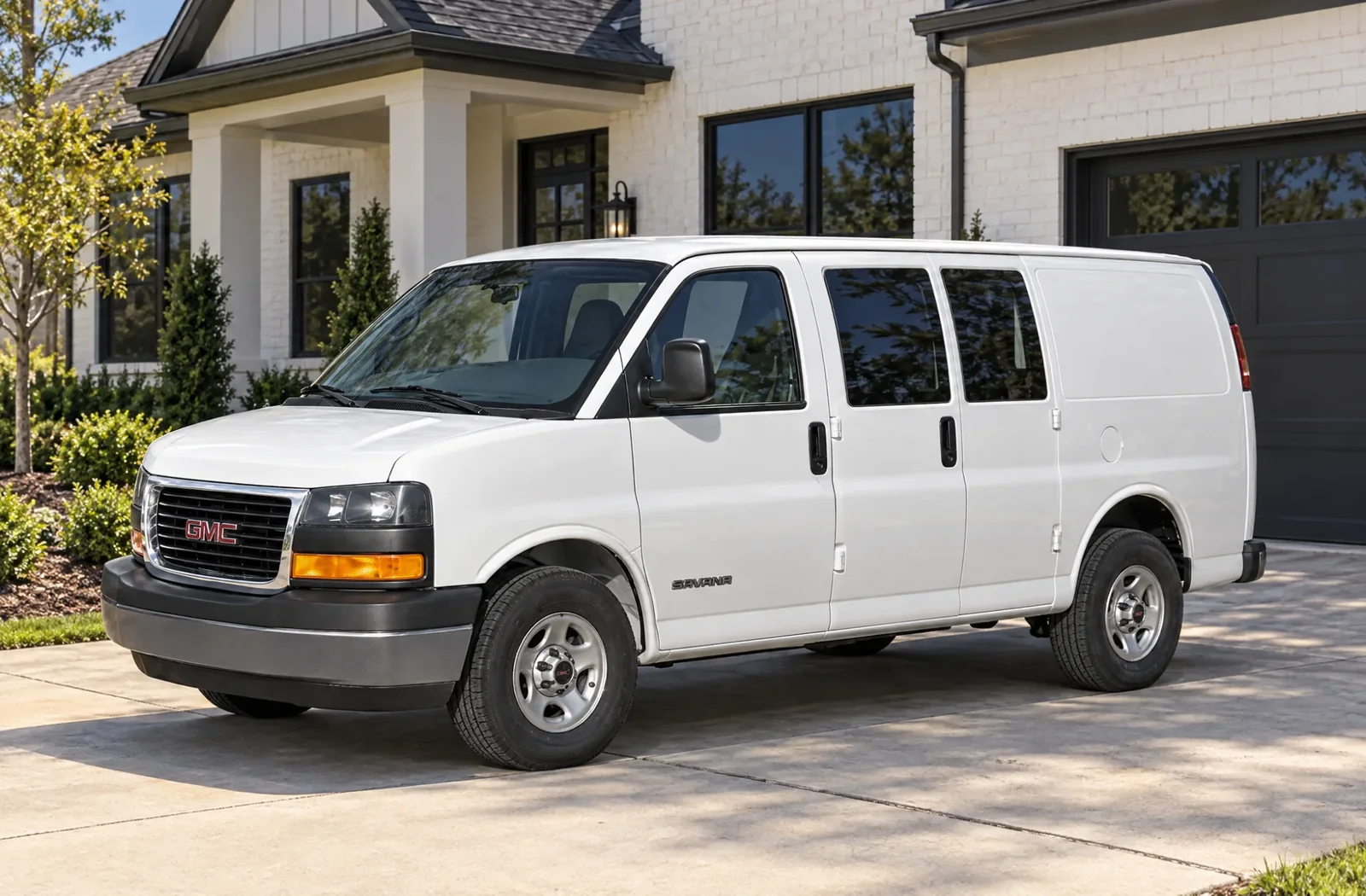 A white work van parked on the driveway of a customer’s home