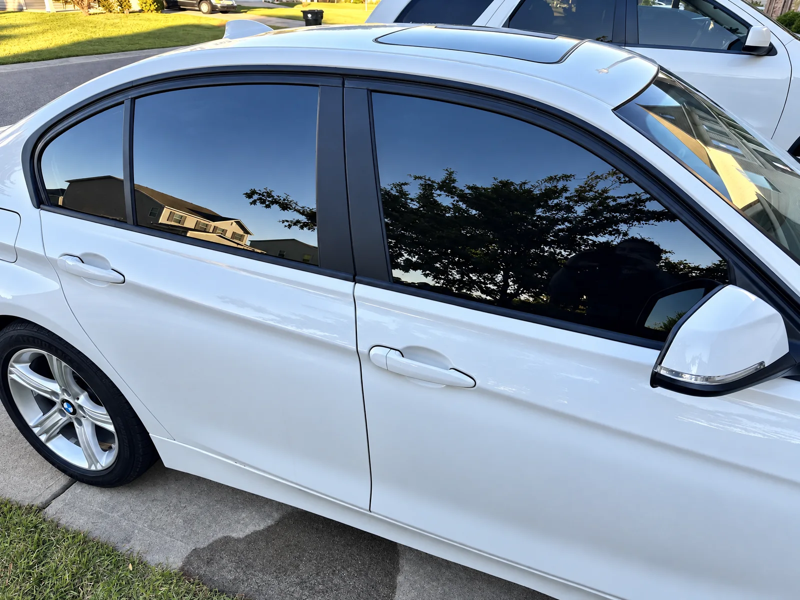 Close-up of a white BMW’s tinted side windows reflecting the trees